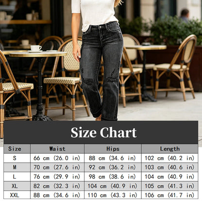 Women's Ripped Straight-Leg Jeans – High-Waist, Distressed, Stretchy 🆒
