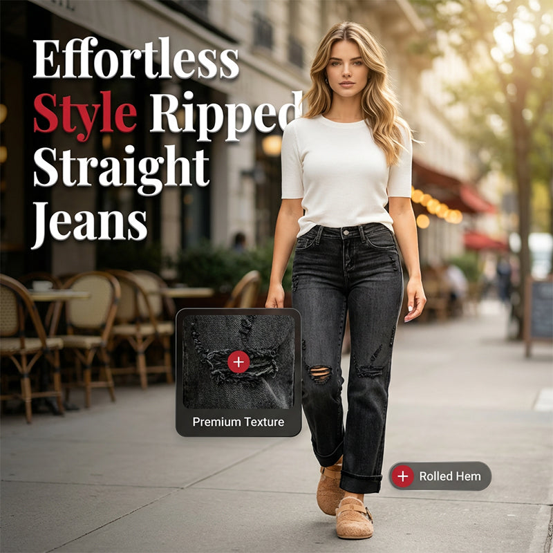 Women's Ripped Straight-Leg Jeans – High-Waist, Distressed, Stretchy 🆒