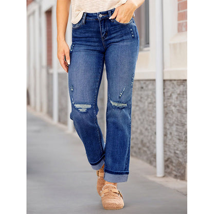 Women's Ripped Straight-Leg Jeans – High-Waist, Distressed, Stretchy 🆒