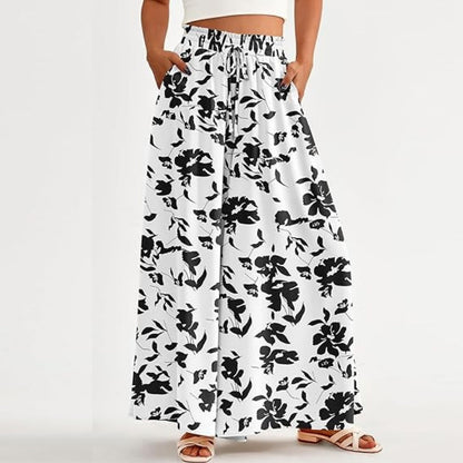 👖 SLEVA 30% ! 🌸 Kalhoty s vysokým pasem a květinovým vzorem, volný střih – lehké a vzdušné – elastický pas, ideální na léto nebo dovolenou v resortu – elegantní a pohodlné ✨