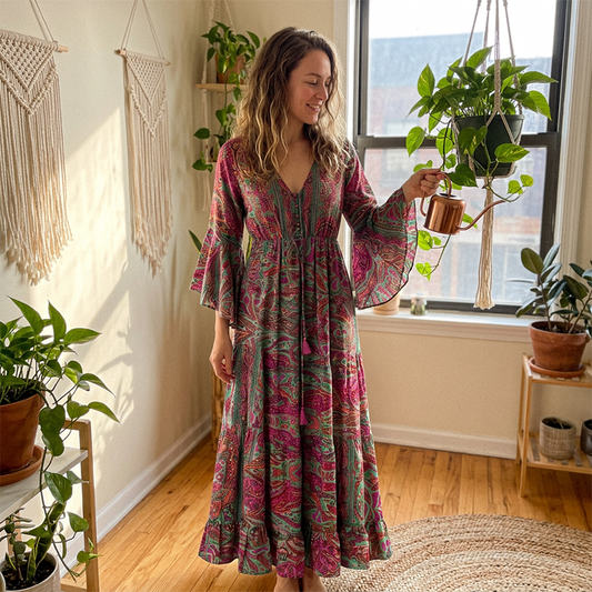 🌼👗 Dámské dlouhé šaty s výstřihem do V, plisovanými volány, v bohémském stylu a s netopýřími rukávy a potiskem 👇🛍️