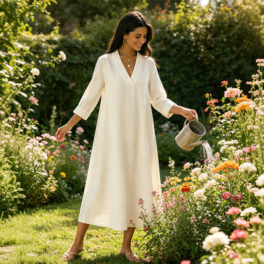 👗☀️Dámské bavlněné lněné šaty s výstřihem do V – střih A – bezstarostná každodenní elegance✨