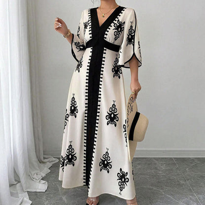 😍👗Dámské elegantní šaty s výstřihem do V a potiskem, maxi délka💓