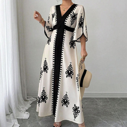 😍👗Dámské elegantní šaty s výstřihem do V a potiskem, maxi délka💓