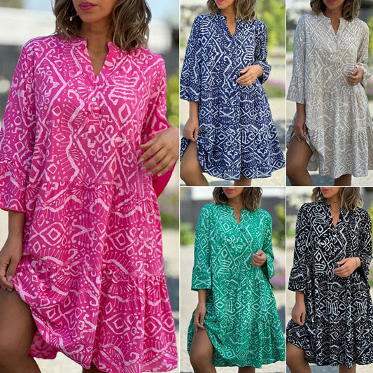 🌺【S-4XL】Sezónní styly💐 Volné šaty s potiskem a výstřihem do V