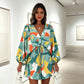 Women Summer V-Neck Flutter Sleeve Vacation Dress with Drawstring