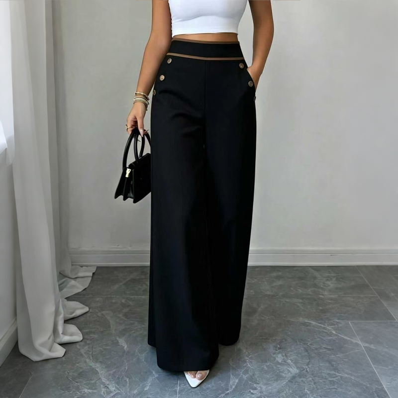 Women's High-Waisted, Highly Stretchy Wide-Leg Pants with Contrast-Color Piping