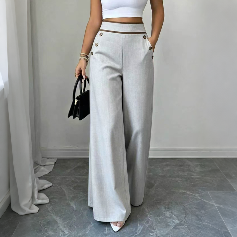 Women's High-Waisted, Highly Stretchy Wide-Leg Pants with Contrast-Color Piping