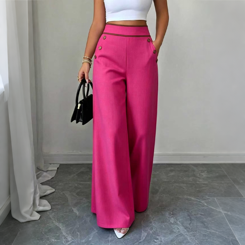 Women's High-Waisted, Highly Stretchy Wide-Leg Pants with Contrast-Color Piping
