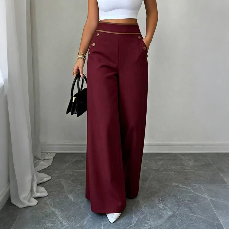 Women's High-Waisted, Highly Stretchy Wide-Leg Pants with Contrast-Color Piping
