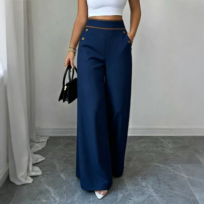 Women's High-Waisted, Highly Stretchy Wide-Leg Pants with Contrast-Color Piping