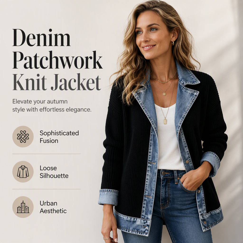 🍂🔥Women’s Elegant Denim Spliced Ribbed Knit Coat