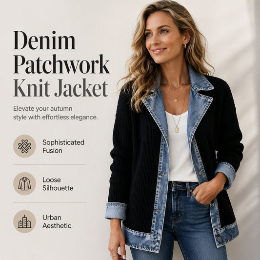 🍂🔥Women’s Elegant Denim Spliced Ribbed Knit Coat