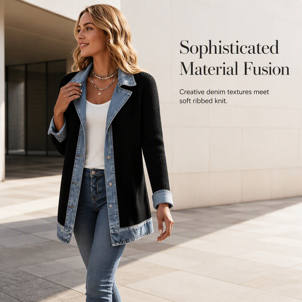 🍂🔥Women’s Elegant Denim Spliced Ribbed Knit Coat