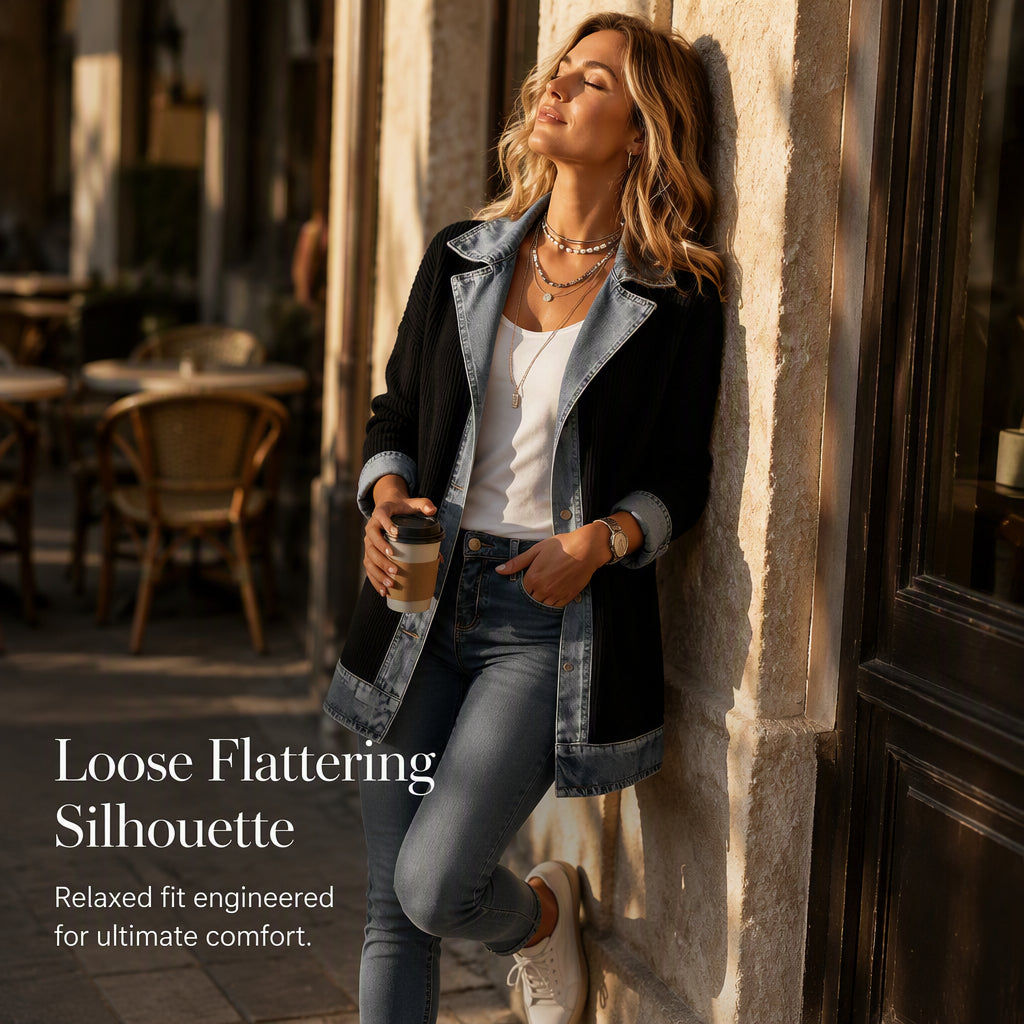 🍂🔥Women’s Elegant Denim Spliced Ribbed Knit Coat