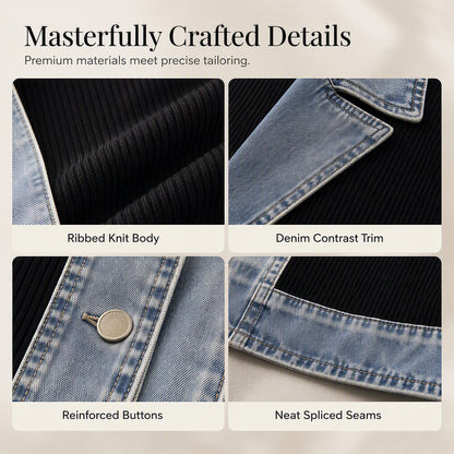 🍂🔥Women’s Elegant Denim Spliced Ribbed Knit Coat