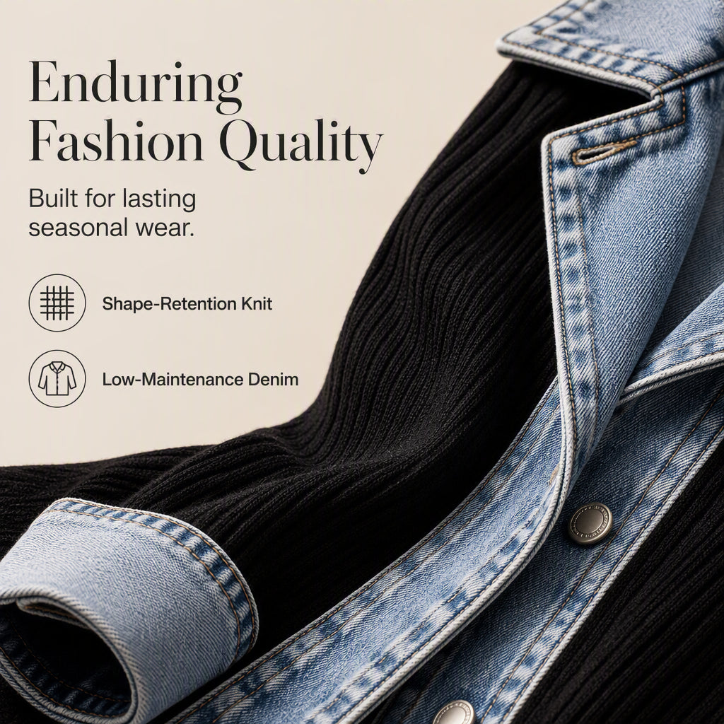 🍂🔥Women’s Elegant Denim Spliced Ribbed Knit Coat