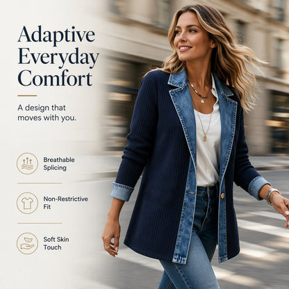 🍂🔥Women’s Elegant Denim Spliced Ribbed Knit Coat