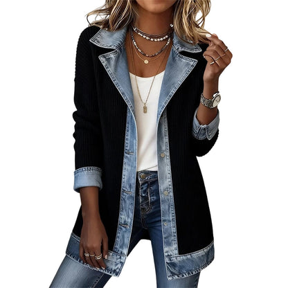 🍂🔥Women’s Elegant Denim Spliced Ribbed Knit Coat