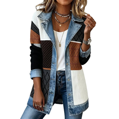 🍂🔥Women’s Elegant Denim Spliced Ribbed Knit Coat