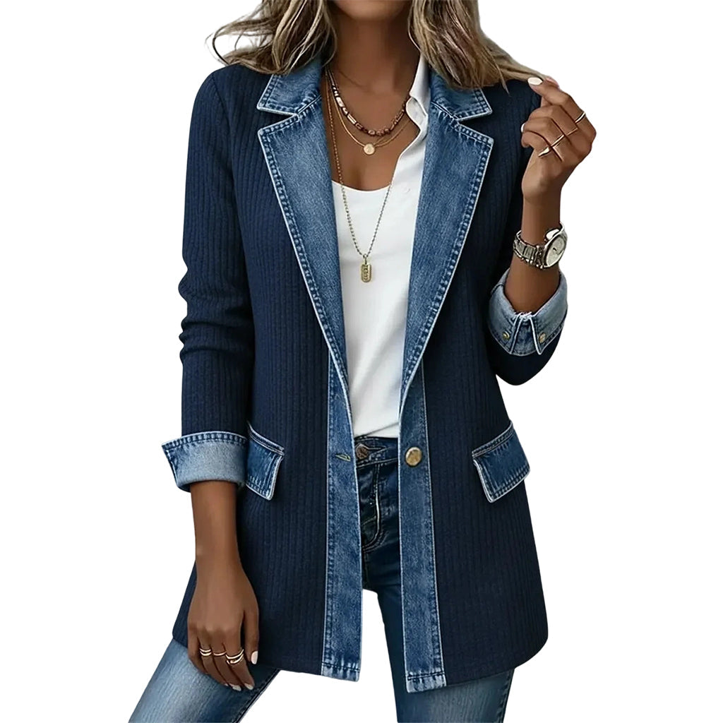 🍂🔥Women’s Elegant Denim Spliced Ribbed Knit Coat