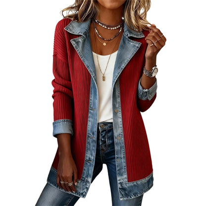🍂🔥Women’s Elegant Denim Spliced Ribbed Knit Coat