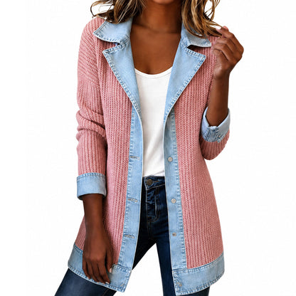 🍂🔥Women’s Elegant Denim Spliced Ribbed Knit Coat