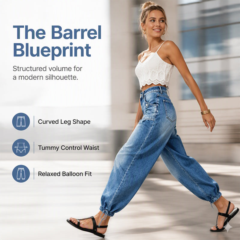 ✨ Flattering Denim Style ☁️ Women's High-Waisted Adjustable-Hem Barrel Jeans
