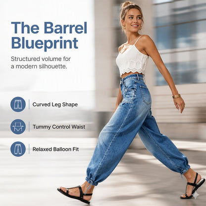 ✨ Flattering Denim Style ☁️ Women's High-Waisted Adjustable-Hem Barrel Jeans