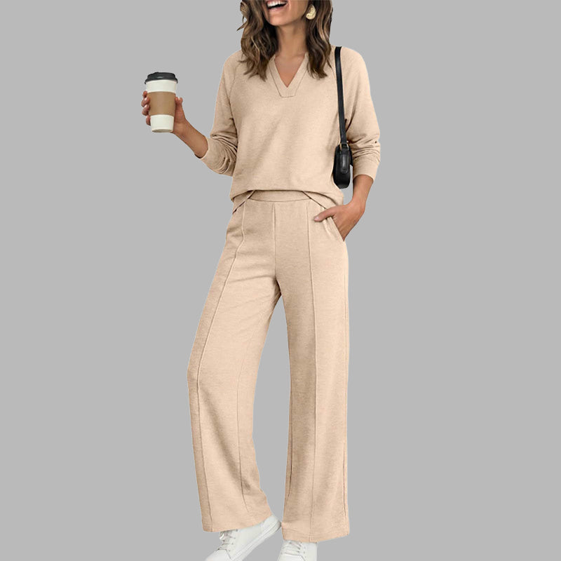🍂Women's 2 Piece Outfits V Neck Lounge Set | Raglan Long Sleeve Top & Wide Leg Pants