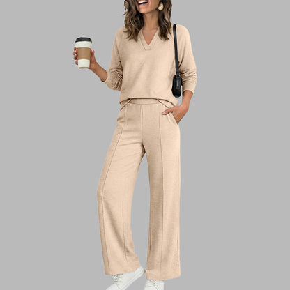 🍂Women's 2 Piece Outfits V Neck Lounge Set | Raglan Long Sleeve Top & Wide Leg Pants