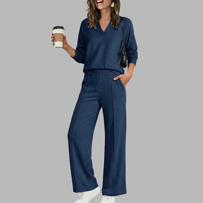 🍂Women's 2 Piece Outfits V Neck Lounge Set | Raglan Long Sleeve Top & Wide Leg Pants