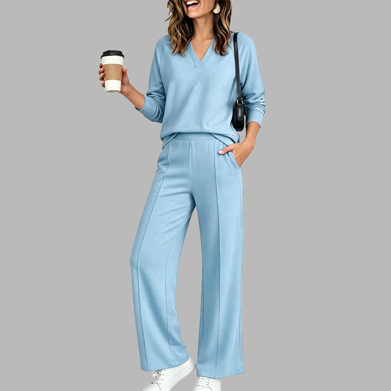 🍂Women's 2 Piece Outfits V Neck Lounge Set | Raglan Long Sleeve Top & Wide Leg Pants