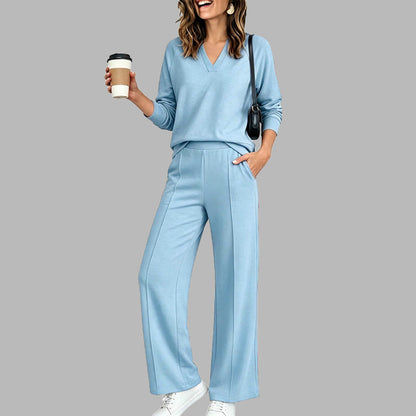 🍂Women's 2 Piece Outfits V Neck Lounge Set | Raglan Long Sleeve Top & Wide Leg Pants
