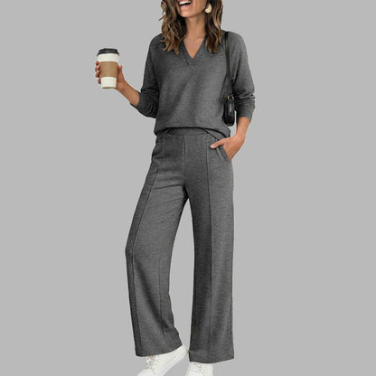 🍂Women's 2 Piece Outfits V Neck Lounge Set | Raglan Long Sleeve Top & Wide Leg Pants