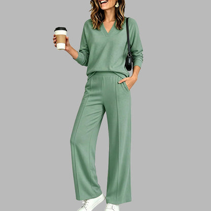 🍂Women's 2 Piece Outfits V Neck Lounge Set | Raglan Long Sleeve Top & Wide Leg Pants