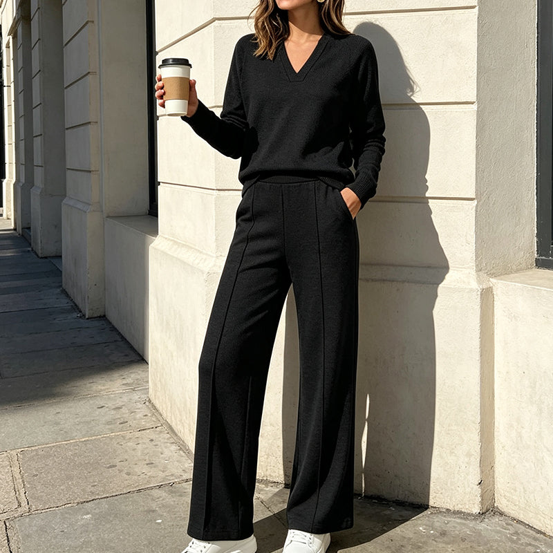 🍂Women's 2 Piece Outfits V Neck Lounge Set | Raglan Long Sleeve Top & Wide Leg Pants