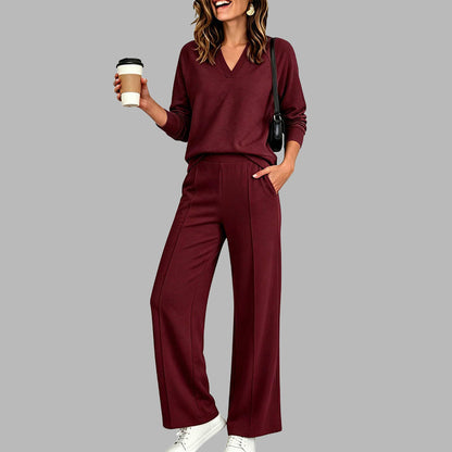 🍂Women's 2 Piece Outfits V Neck Lounge Set | Raglan Long Sleeve Top & Wide Leg Pants