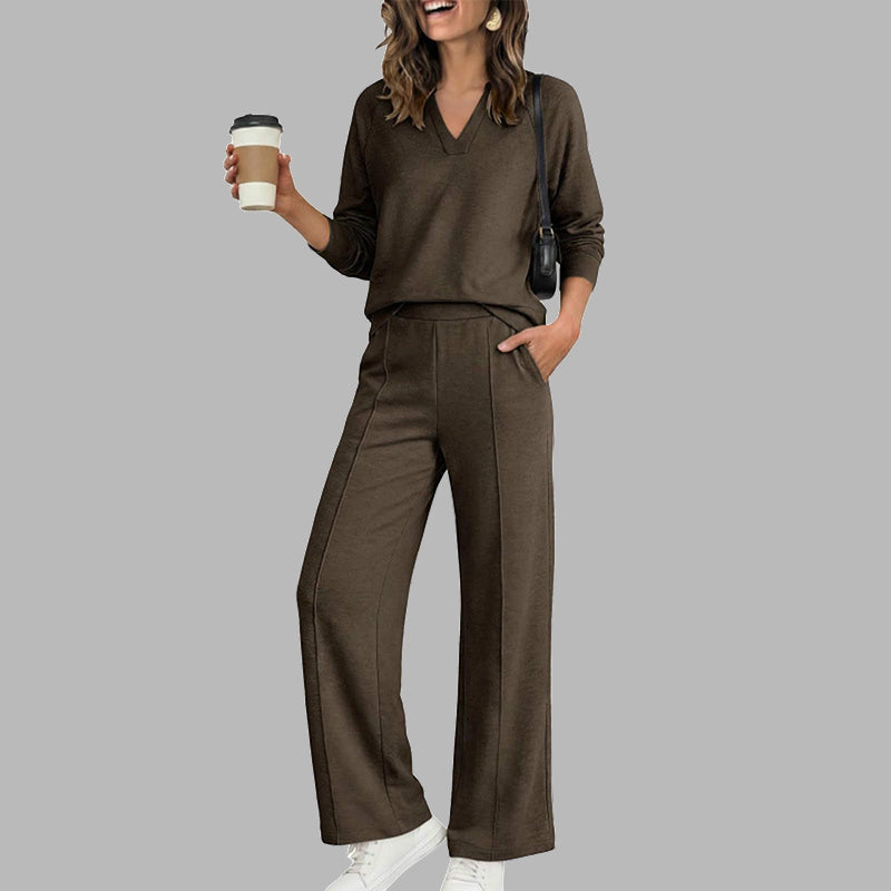 🍂Women's 2 Piece Outfits V Neck Lounge Set | Raglan Long Sleeve Top & Wide Leg Pants