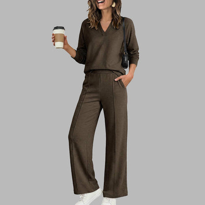 🍂Women's 2 Piece Outfits V Neck Lounge Set | Raglan Long Sleeve Top & Wide Leg Pants