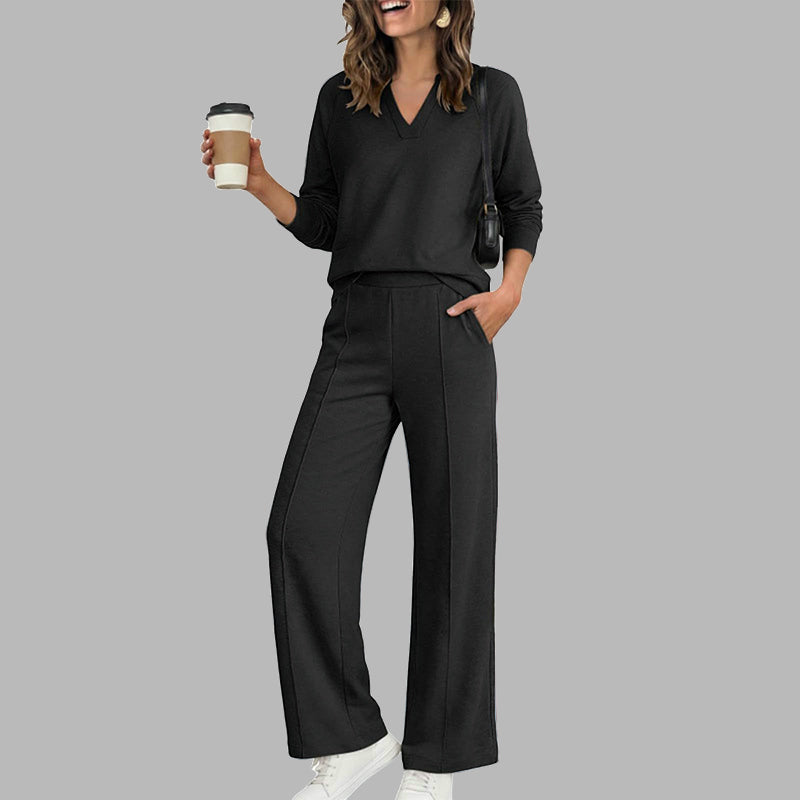 🍂Women's 2 Piece Outfits V Neck Lounge Set | Raglan Long Sleeve Top & Wide Leg Pants
