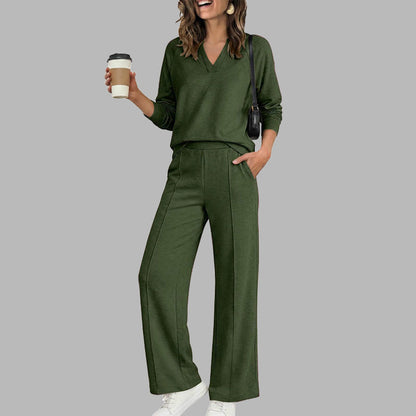 🍂Women's 2 Piece Outfits V Neck Lounge Set | Raglan Long Sleeve Top & Wide Leg Pants