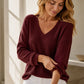 Women's Waffle Knit V-Neck Long Sleeve Top