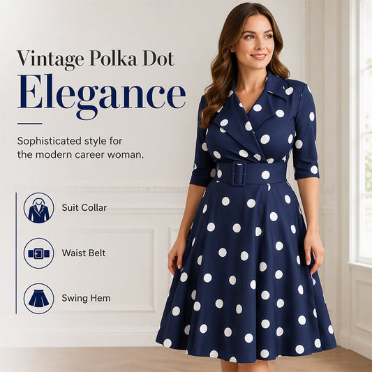 Women's Retro Polka Dot Midi Dress with Wide Belt