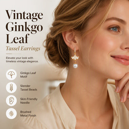 Vintage Ginkgo Leaf Hoop Earrings with Pearl Beads