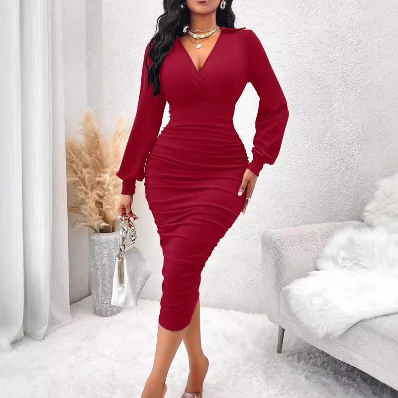 💃Women's V-Neck Lantern Sleeve Ruched Bodycon Dress