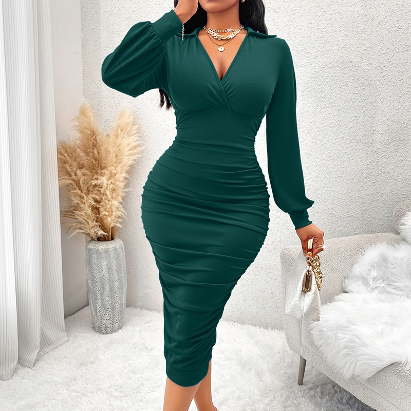 💃Women's V-Neck Lantern Sleeve Ruched Bodycon Dress