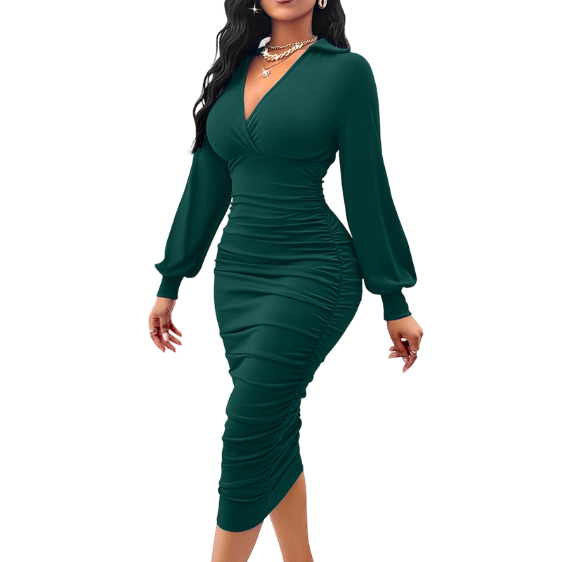 💃Women's V-Neck Lantern Sleeve Ruched Bodycon Dress
