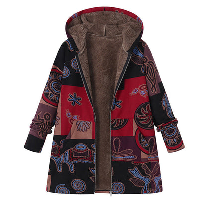 Women's Vintage Leaf Print Hooded Coat