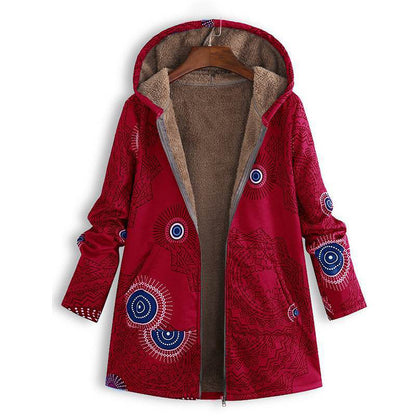 Women's Vintage Leaf Print Hooded Coat